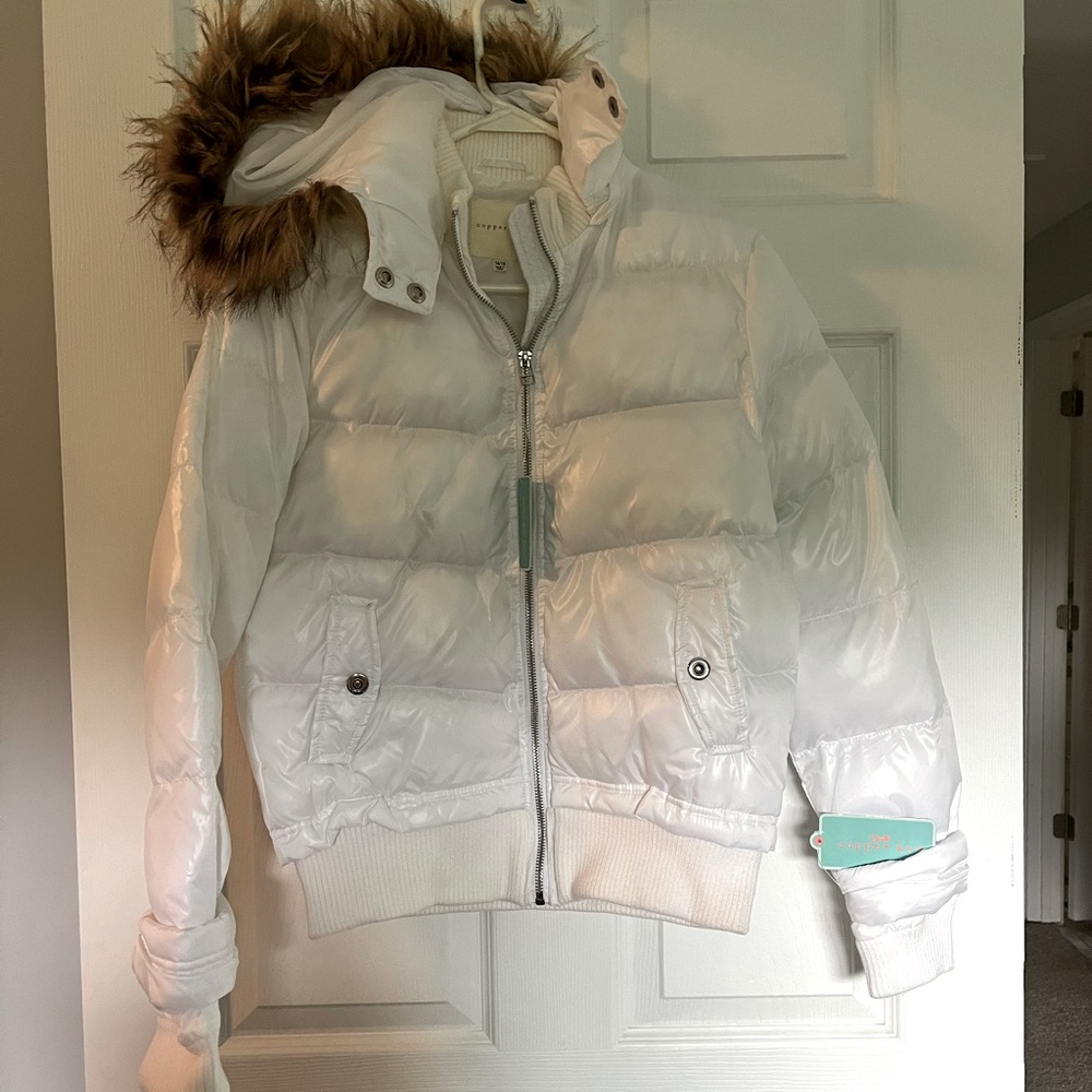Copper Key White Puffer Jacket with Faux Fur Hood